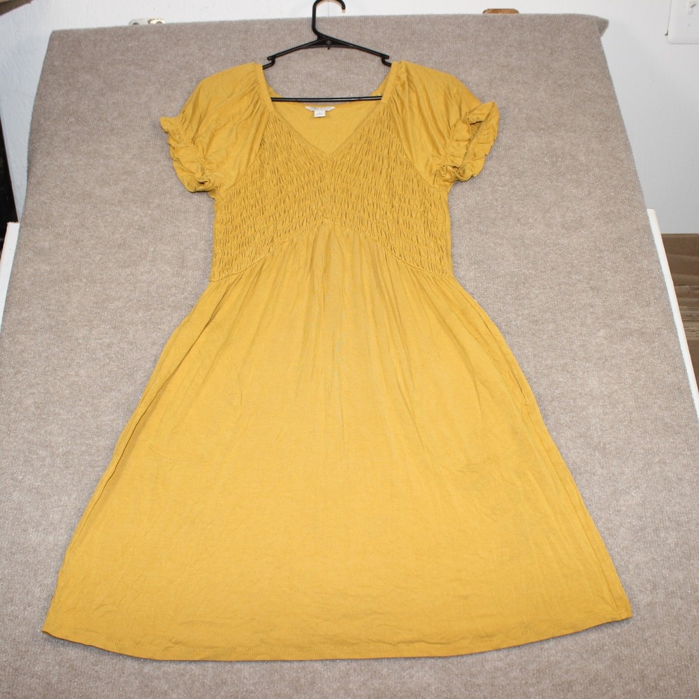 Cato Mustard Yellow Smocked V-Neck Knit Dress with Pockets Size Small